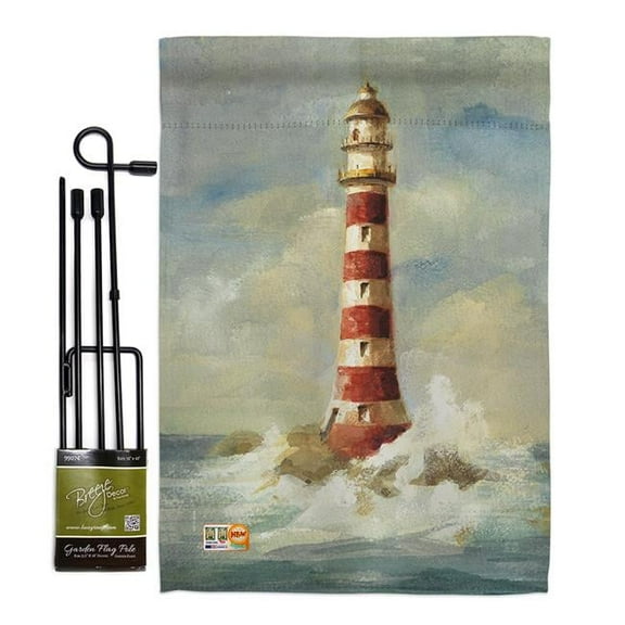 Breeze Decor BD-NA-GS-107060-IP-BO-D-US18-WA 13 x 18.5 in. Lighthouse by the Sea Coastal Nautical Impressions Decorative Vertical Double Sided Garden Flag Set with Banner Pole