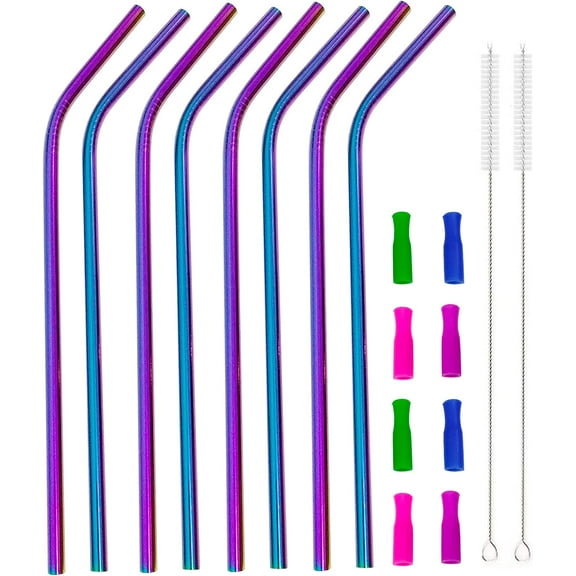 8pcs Stainless Steel Straws, 8.5" Reusable Colorful Rainbow Color Curved Metal Straws with Silicone Tips and Cleaning Brush for 20oz Tumblers