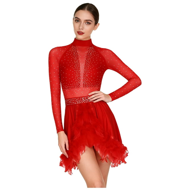 YiZYiF Robe de Patinage Artistique en Maille à Manches Longues pour Femmes, Rouge TG
