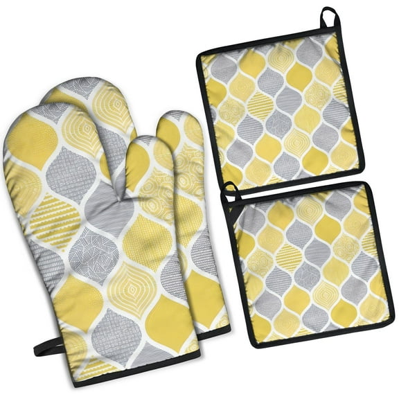 Yellow and Gray Geometric Quatrefoil Pattern Kitchen Oven Mitt and Pot Holder Sets 2 Pcs for Baking, Cooking and Grilling, Heat Resistant Up To 392 °F
