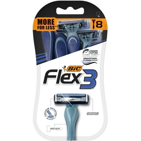 3 Triple Blade Closeness Razors - BIC Flex 3 Men's Disposable 3 Blade Razor, 8 Count