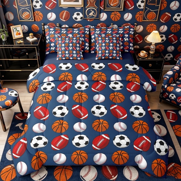 Castle Fairy Football Soccer Basketball Baseball Twin Bedding 7-Piece, Sport Theme Bedding Comforter Set, Blue White,Navy Blue Reversible