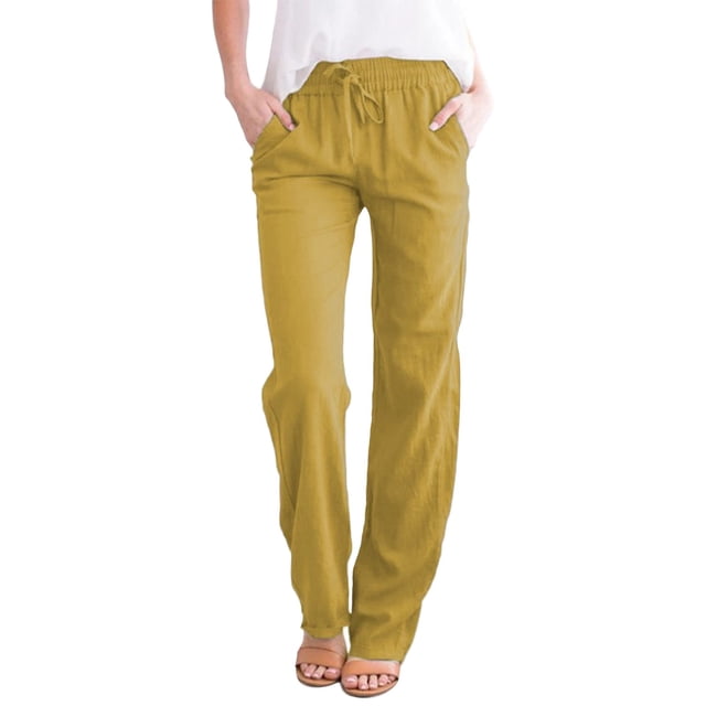 SHIXIAOO Women Solid Straight Solid Elastic Pants Long Drawstring Linen Women Waist Casual Pants Womens plus Size Sweat Pants plus Size Floral Pants Set