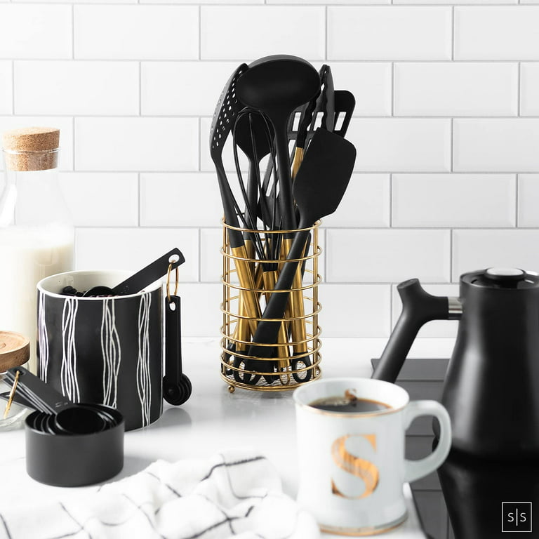 Black and Gold Kitchen Utensils Set 6PC Black Silicone Utensils Set  Includes: Gold Tongs, Gold Whisk, Gold Serving Spoon, Gold Spatula &  Turner-Black and Gold Kitchen Accessories & Gold Kitchen Decor 