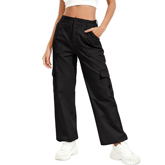 JWD Womens Parachute Cargo Pants with Pockets Quick Dry Hiking Pants Lightweight Water-Resistant Baggy Joggers Black L