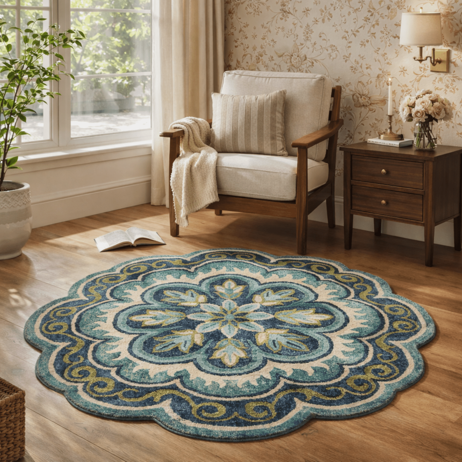 Ox Bay Emily 5' Round Green Floral Medallion Indoor Area Rug