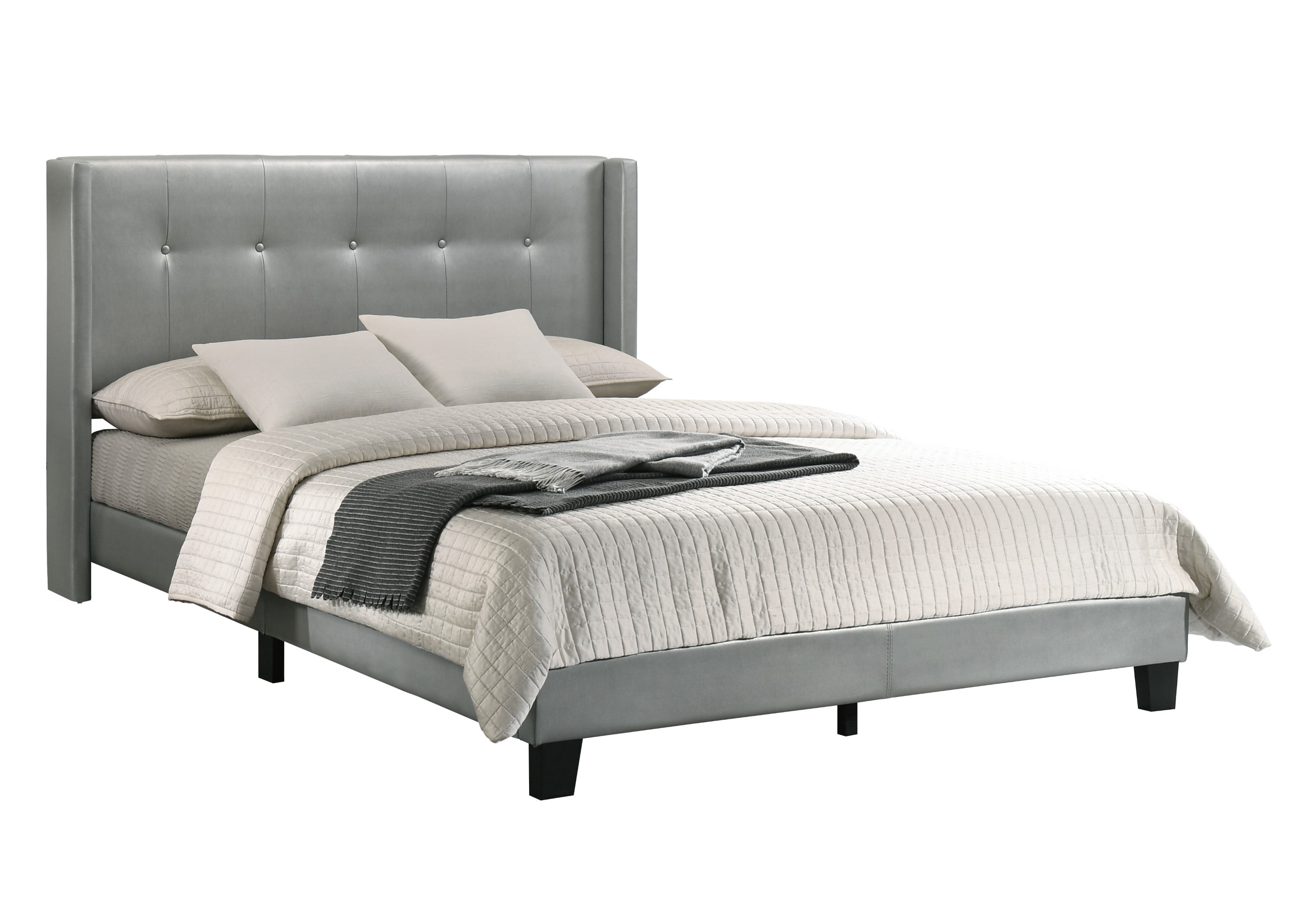 Home Design Evelyn Queen Upholstered Platform Bed Frame with Tufted Headboard and Wingback Design, Silver, Easy Assembly