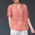 thumbnail image 2 of Women's Linen V Neck T-Shirt Short Sleeve Thin Loose Fit Retro Pullover Top Soft Breathable Casual Comfortable Stylish Elegant Summer Blouse, 2 of 2