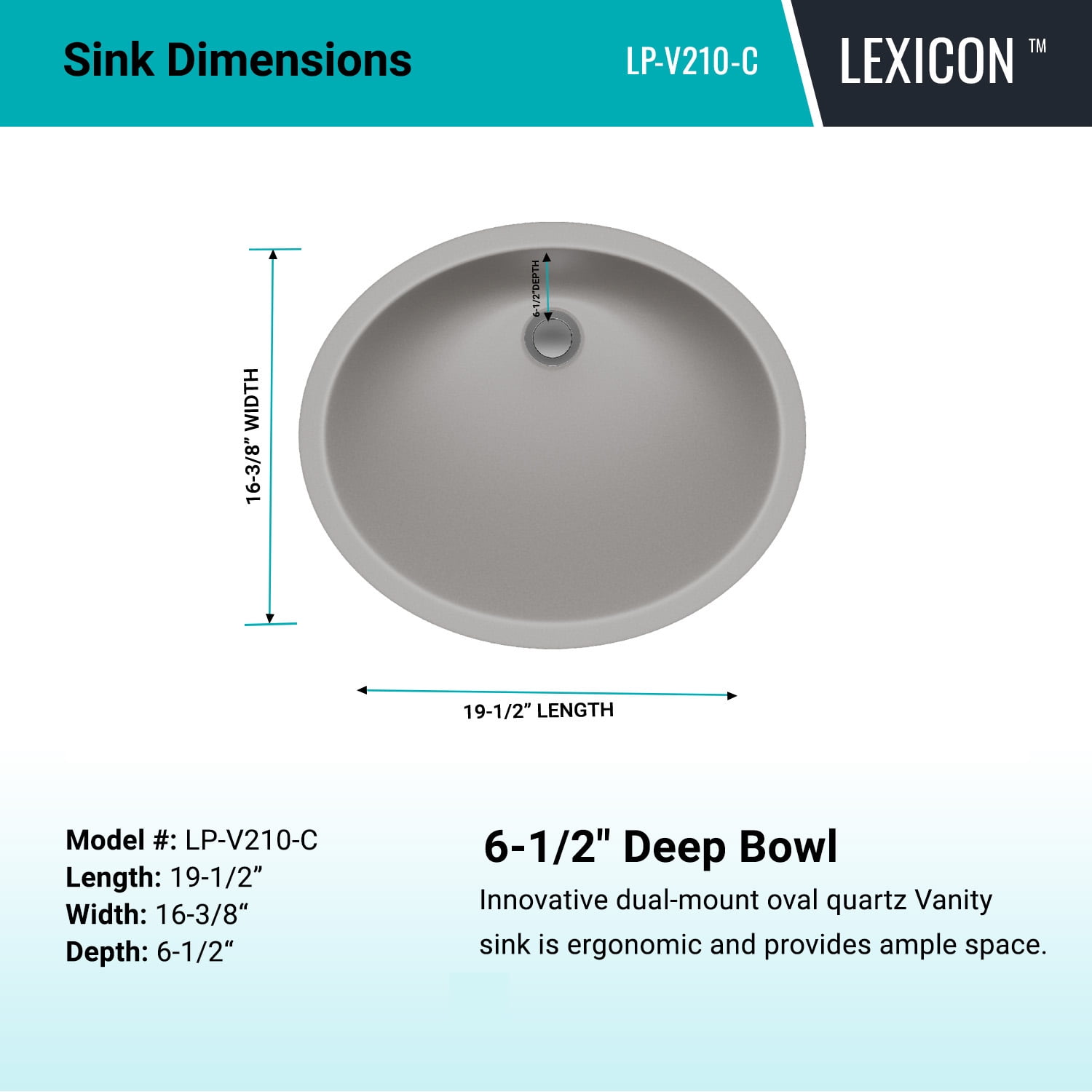 19" Oval Quartz Vanity Bathroom Sink, Galaxy Concrete Drop-In Sink, Undermount Bathroom Sink, Granite Vanity Basin by Lexicon Platinum LP-V210-C