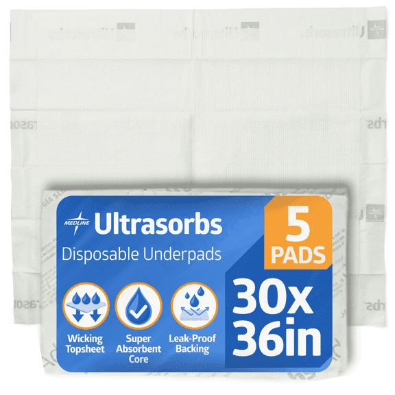Medline Premium Ultrasorbs Disposable Adult Bed Pads for Incontinence, Furniture, or Pets, Super Absorbent, 30 x 36in, 5 Count