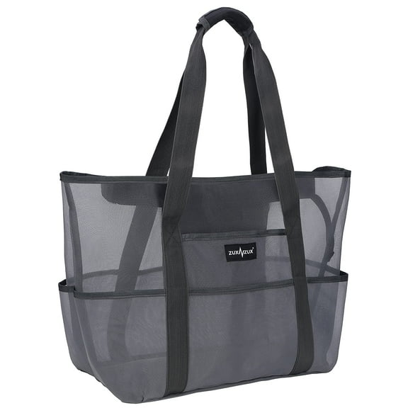 ZUXNZUX Unisex Large Nylon Mesh Beach Tote Bag with 8 Pockets, Gray