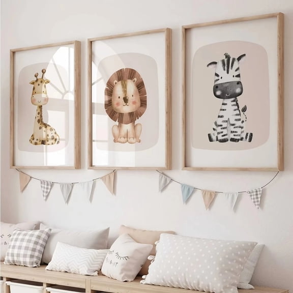 3pcs/set Giraffe Lion & Zebra Animal Canvas Print Safari Wall Art Kindergarten Poster for Modern Living Room Nursery Home Decor