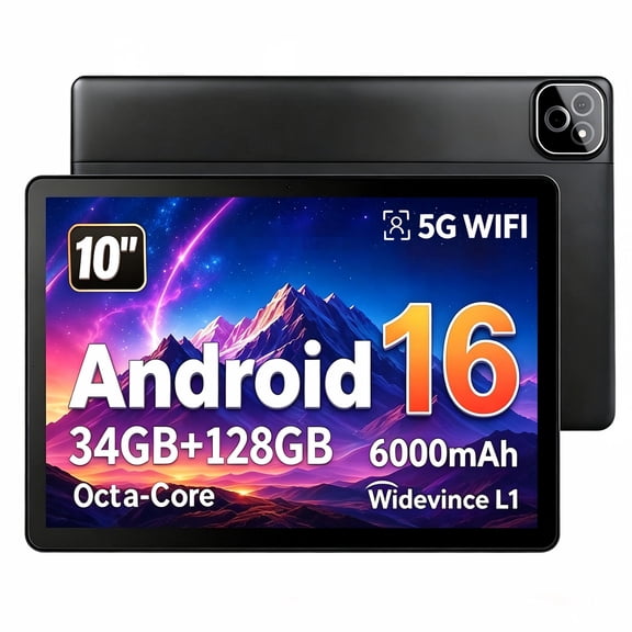 BUFO 10 Inch Android 16 Tablet, Octa-Core, 34GB RAM 128GB ROM, 1TB Expand, 1280x800 IPS, 6000mAh, WiFi6 BT5.4, Face Unlock, Black