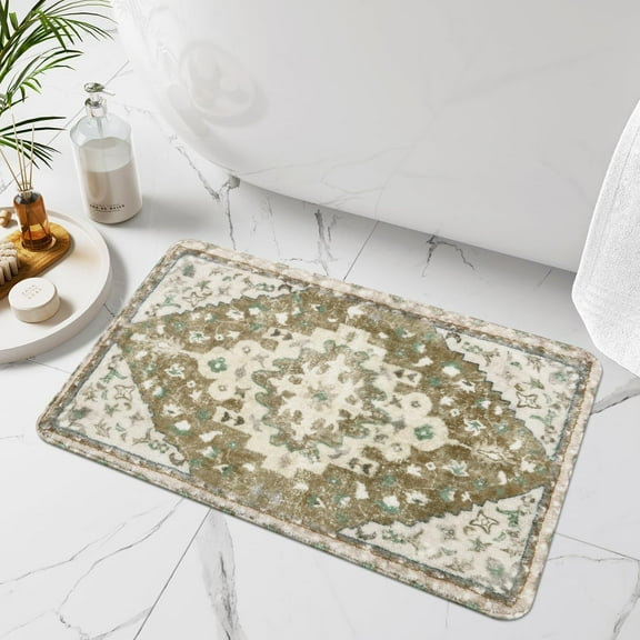 Boho Vintage Bathroom Rugs Gray Non-Slip Soft Bath Mat Machine Washable Oriental Small Bath Rug Traditional Tribal Floral Bath Mats for Sink Shower Doorway Tub, 18x25 inch