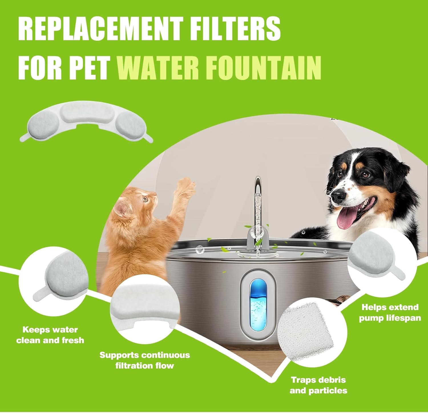 JJEAN-16-Pack Dog Water Fountain Filters Replacement, Filters for Dog Water Fountain Compatible with Smartoo 7L/236oz Stainless Steel Fountain, Pet Fountain Filter Replacement, Dog Water Filter & Spo