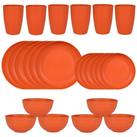Zhuge Juego de vajilla de paja de trigo de 24 piezas, juego de platos y cuencos, juego de platos para acampar para 6, juego de vajilla apto para lavavajillas, naranja