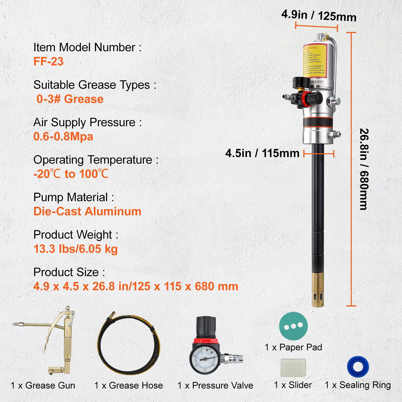 Pneumatic Grease Pump,50:1 Air Operated with 13 ft Hose&360° Swivel Grease Gun for Portable Lubrication