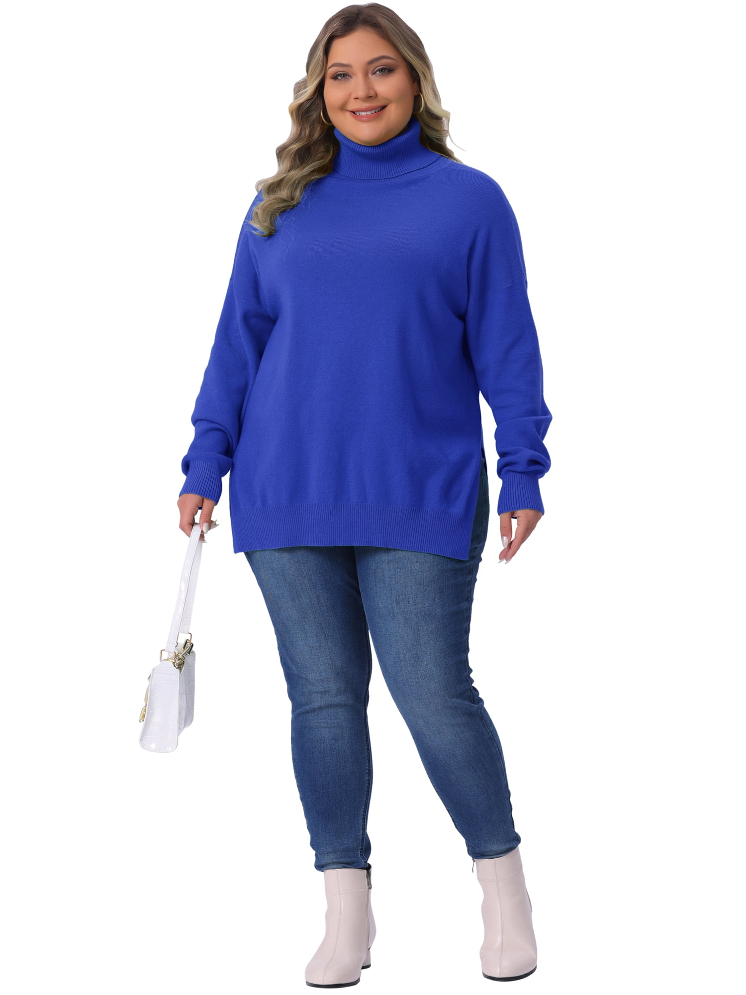 DARING DIVA Women's Plus Soft Turtle Neck Long Sleeve Pullover Knit Top 1X Blue