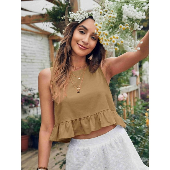 iHengLiXing Summer Dresses for Women 2025 Plus Size Tank Tops for Women Dressy Casual Women Casual Solid Sleeveless Vest Splicing Round Neck T- Tops Brown M