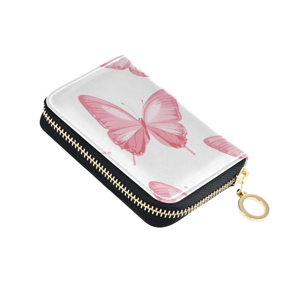 Pinkish Butterflies Women's Credit Card Holder PU Leather Zipper Wallet RFID Blocking