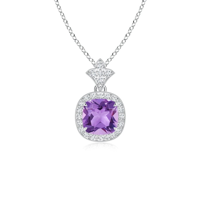 February Birthstone Pendant Necklaces Claw Set Amethyst Diamond Pendant with Milgrain Detailing in 950 Platinum (6mm... by Angara.com