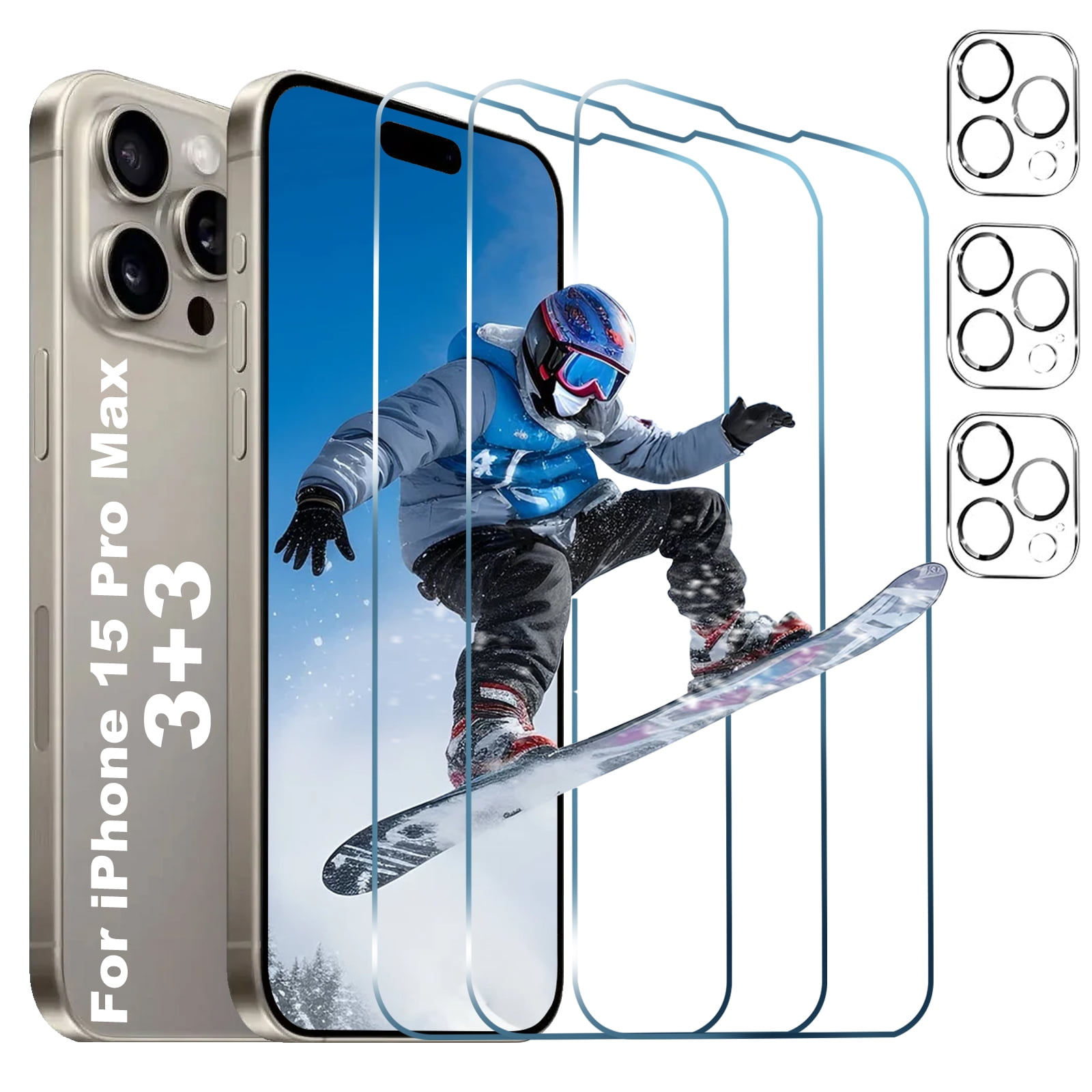 [3+3 Pack]For iphone 15 Pro Max Screen Protector with Camera Lens Protector,Sensor Protection,Case Friendly Tempered Glass Film[9H Hardness] for iPhone 15 Pro Max