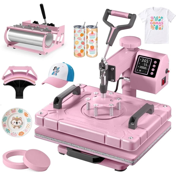 PNKKODW 12x15 Inch 5 in 1 Heat Press Machine, with 20oz & 30oz Tumbler, 360° Swing Digital Heat Transfer Sublimation, for T Shirts Mugs Hat Plate Cap, Pink
