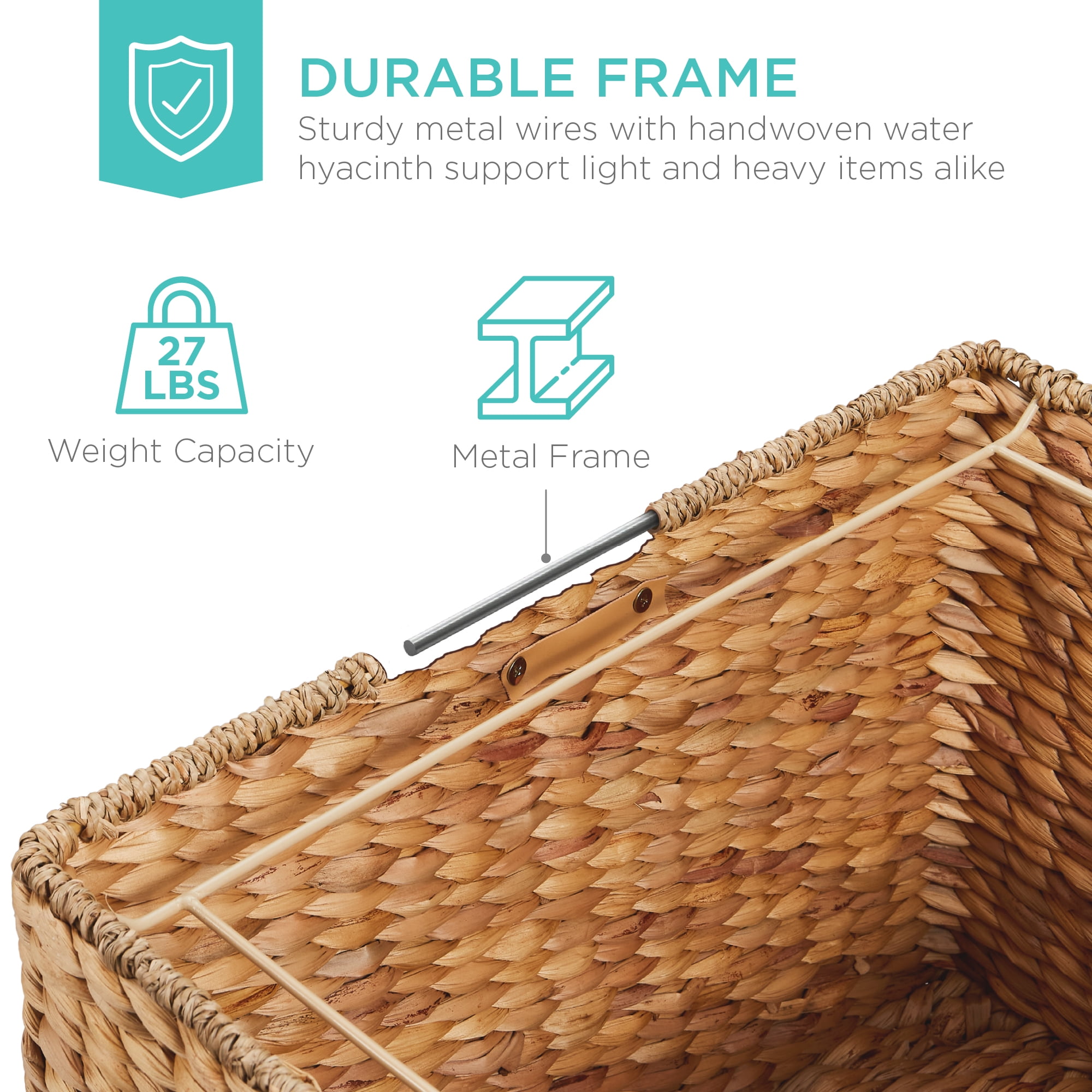 Best Choice Products Hyacinth Rolling Filing Cabinet Mobile Organizer Storage Basket w/ Lid, Locking Wheels - Natural