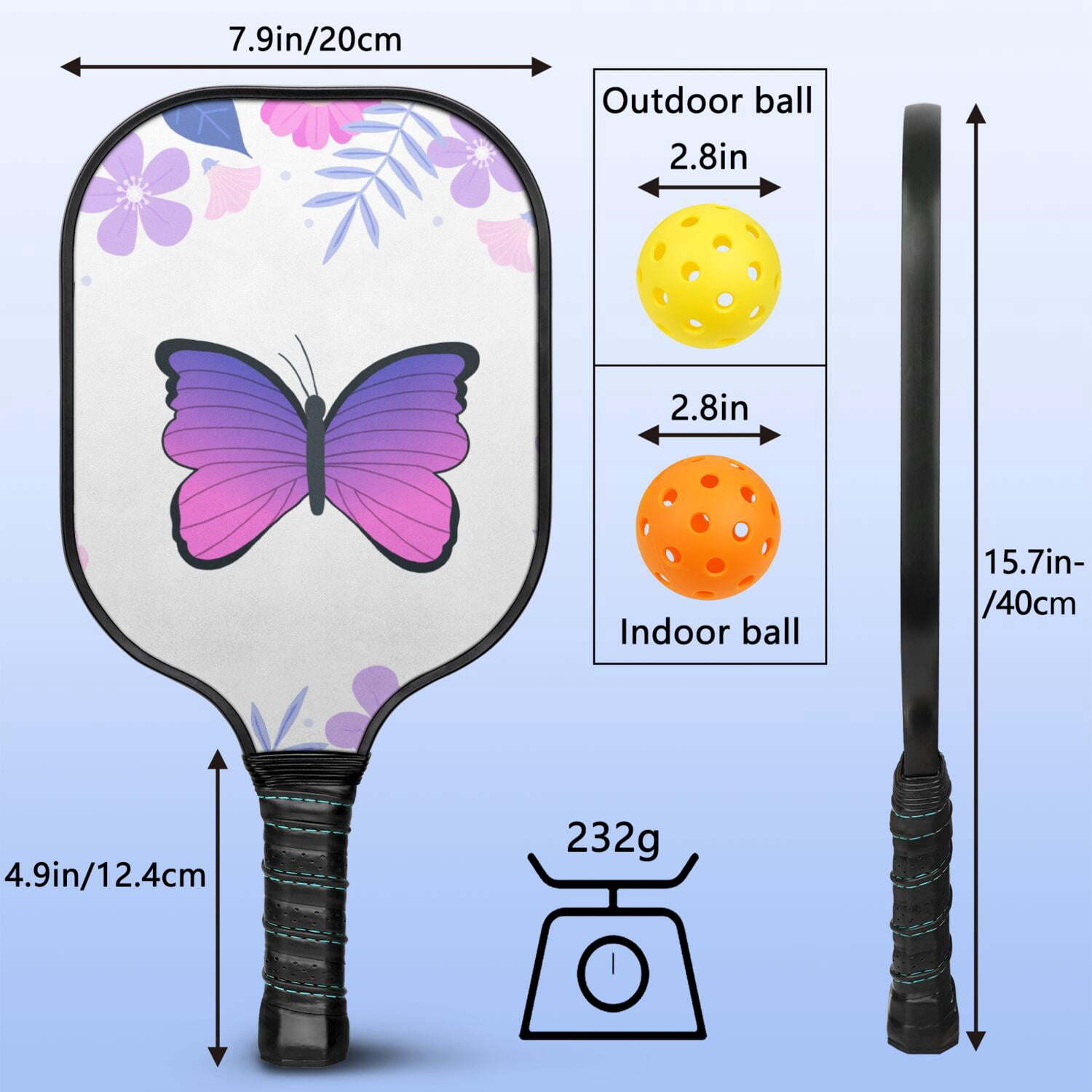 Pickleball Paddles Set Of 1, Fiberglass Surface, Butterfly Print, 1 Paddle, 2 Balls & Bag