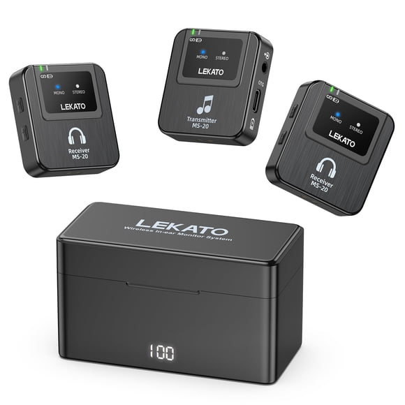 LEKATO Wireless in-Ear Monitor MS-20 Charging, 30H Battery Life with Box, 2.4G IEM System 1Transmitter 2 Receivers Auto-Pairing,OTG Support,One to Mo