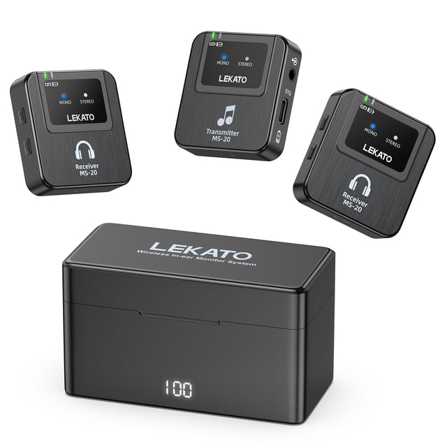 LEKATO Wireless in-Ear Monitor MS-20 Charging, 30H Battery Life with Box, 2.4G IEM System 1Transmitter 2 Receivers Auto-Pairing,OTG Support,One to Mo