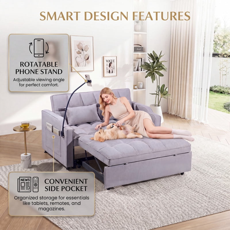 Gewnee 53" Sofa Bed, 3 in 1 Convertible Sleeper Sofa, Velvet Pull Out Couch Bed with USB Ports, Phone Holder & Side Storage Pockets, Adjustable Loveseat Sofa Bed for Living Room, Gray