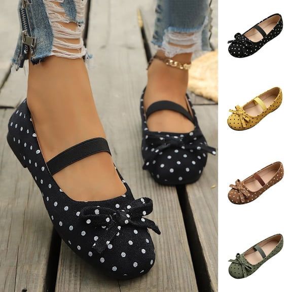 Women's Polka Dots Mary Jane Flats Dressy Comfortable Casual Shoes for Wedding Bridal Work Bow Round Toe Shoes