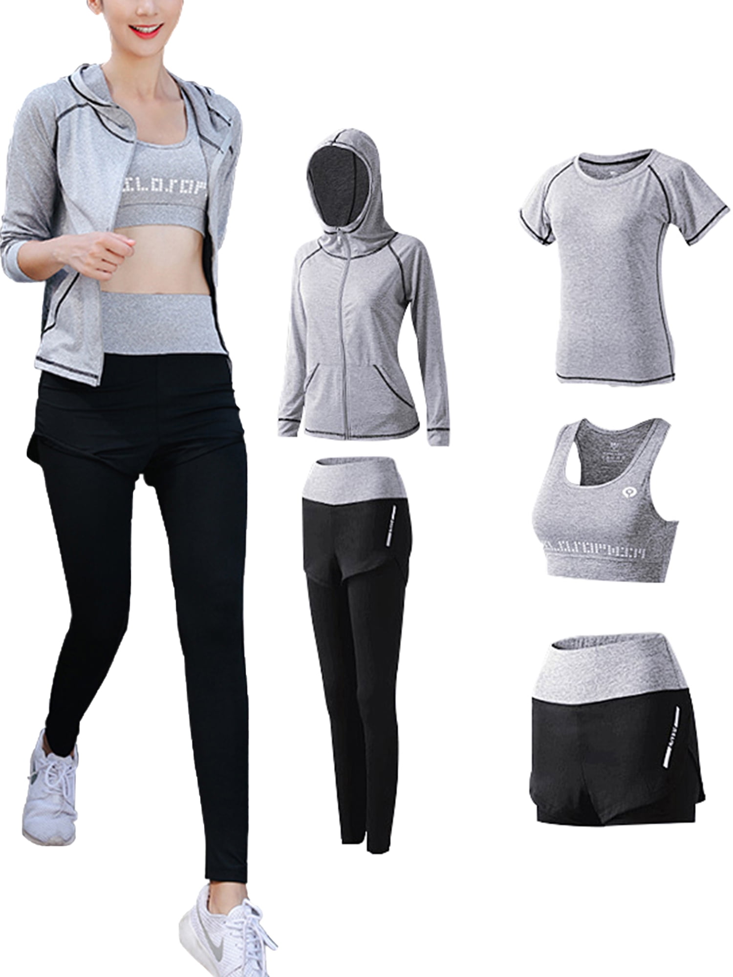 Mallimoda Women's 5pcs Sport Suits Yoga Athletic Clothing Set Jogging Tracksuits