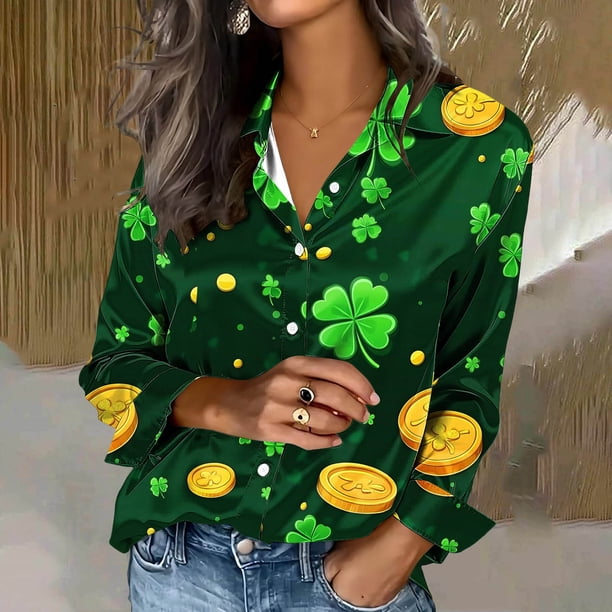 TaTaai Women St. Patrick's Day Print Satin Long Sleeve Button Up Shirt Casual Lapel Fashion Loose Blouse Satin Top for Daily Party Office Vacation Spring Winter Wear Gift