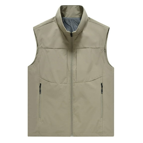 HOOMEUMY Mens Cargo Vest Sleeveless Clothes Fashion 2025 Trendy Classic Solid Coat Stand Collar Jacket Quick Dry Design Casual Workout Khaki M