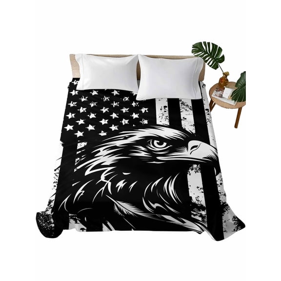 American Flag Flat Sheets Only King Size, Soft Breathable Bed Top Sheets for Mattress, Black US Flag Eagle Luxury Bedding Flat Sheets for Home Hotel Bedroom Bed Protection