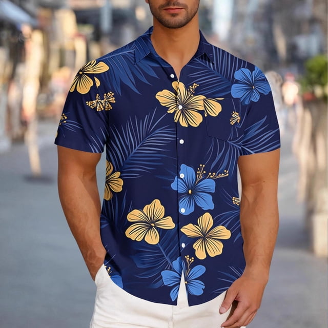 Blusa y camisa de manga corta con cuello vuelto para hombre, blusa informal de moda con cuello vuelto, blusa estampada de manga corta con botones, blusa de poliéster para hombre