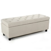 BELLEZE Button-Tufted Linen Storage Ottoman Bench - Brentwood (Beige)