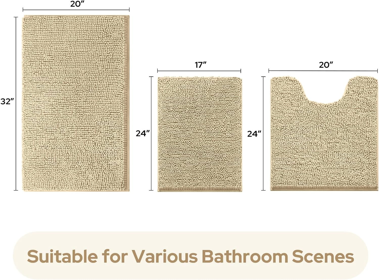 Luxury Chenille Bath Rugs Bathroom Mats Absorbent Non-Slip Capet, 3 Piece Set