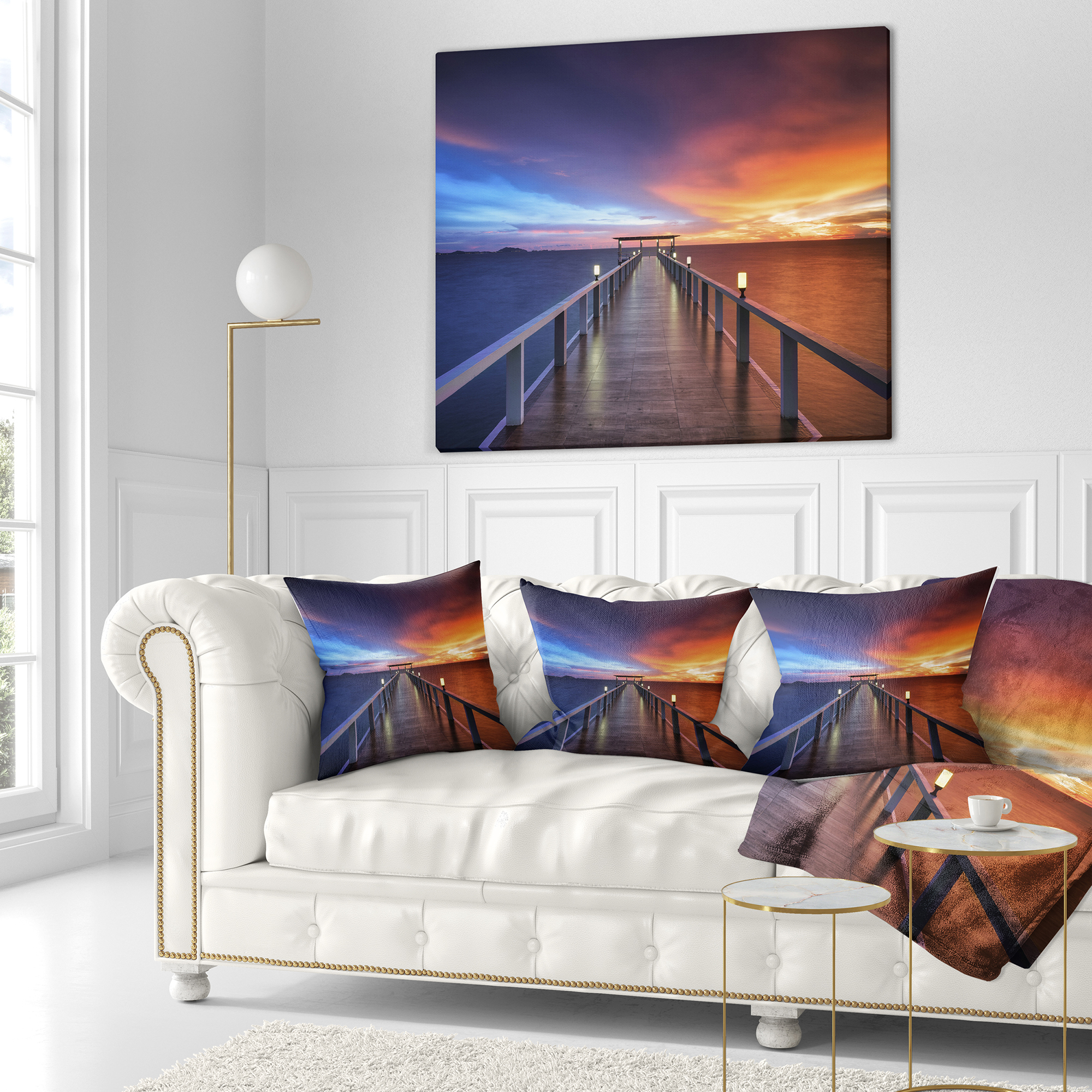 Designart Picturesque Seashore with Long Pier - Pier Seascape Throw Pillow - 18x18
