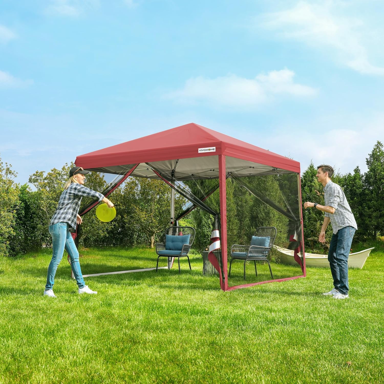 SPECSTAR 8'x 8' Easy Pop-Up Canopy with Mesh Netting, Instant Outdoor Screened tent with Mosquito Netting, 2 Zipper Doors and Roller Bag for Yard Camping Picnic Party Events, Red
