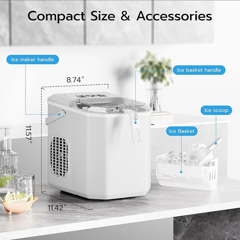 Countertop Ice Maker, 26.5Lbs/24H, 9 Bullet Cubes in 6 Mins, Self-Cleaning Portable Ice Machine with 2 Ice Sizes (S/L), Quiet Compact Design, Double Handles, for Home, Party, RV, Camping, White