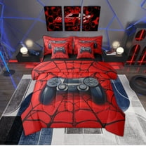 Manfei Black Game Console 7-Piece Twin Bedding Sets,Gamer Gaming Bedding Comforter Set,Halloween Spider Webs Sheet Sets For Boys,Breathable Bedroom Decorative Reversible