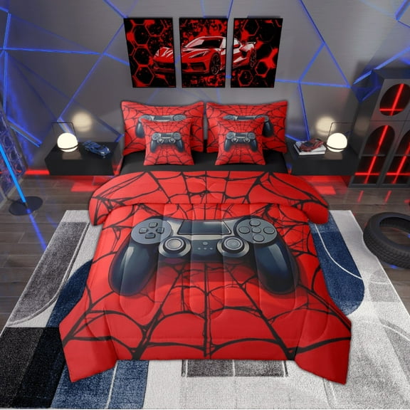 Manfei Black Game Console 7-Piece Twin Bedding Sets,Gamer Gaming Bedding Comforter Set,Halloween Spider Webs Sheet Sets For Boys,Breathable Bedroom Decorative Reversible