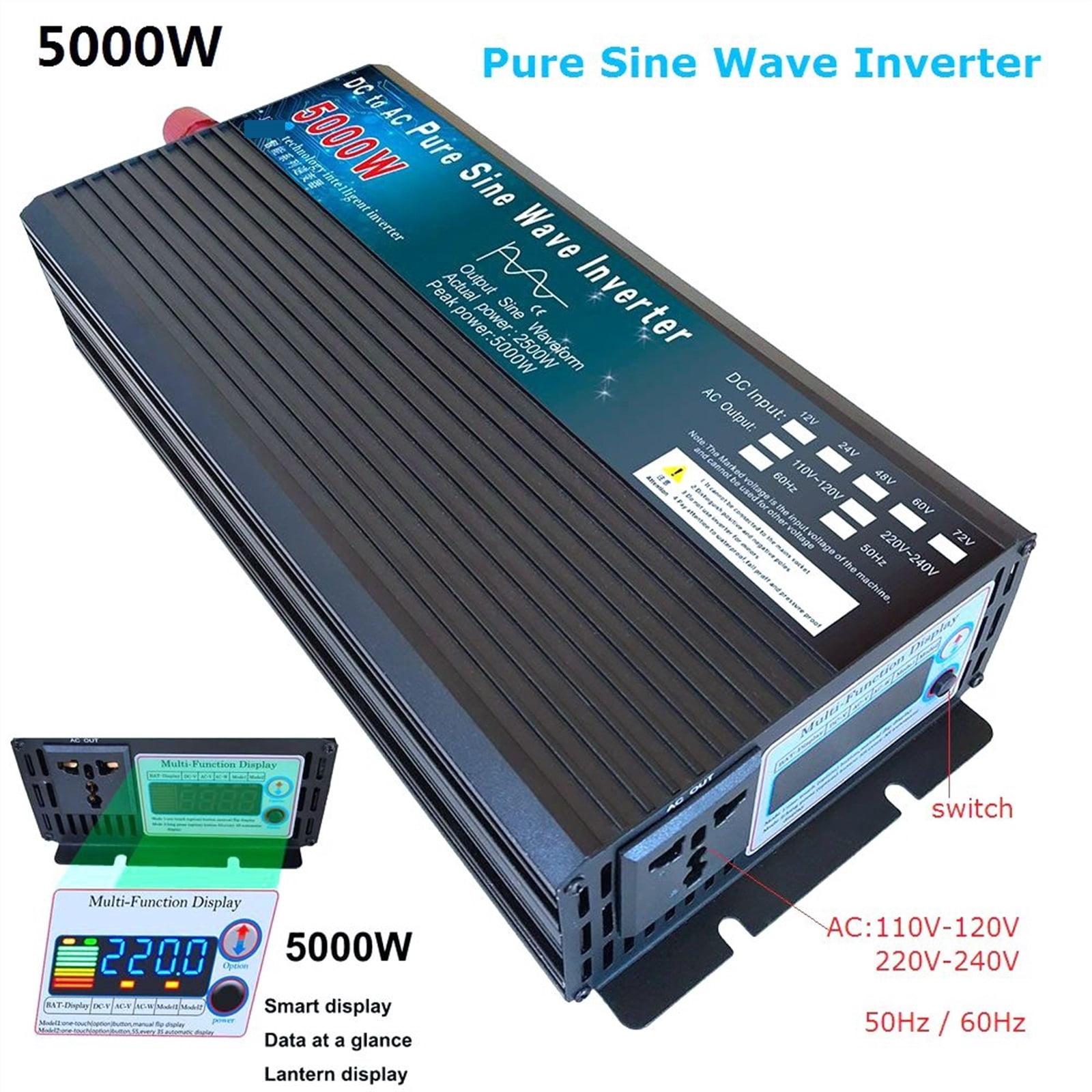 Inverter 4000W 5000W Pure Sine Wave Inverter DC12V 24V 48V 60V To AC 110 220 Solar Power Voltage Converter Car Household ,Powerful Output