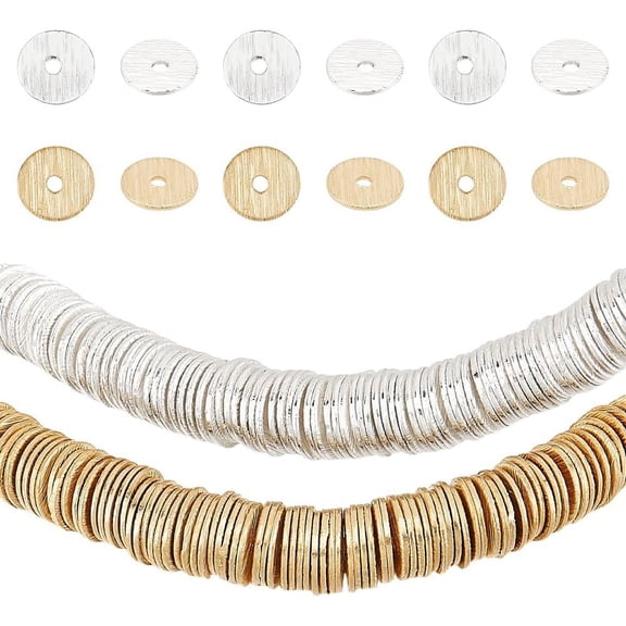 300pcs Heishi Spacer Beads 6mm Brass Disc Beads Gold Silver Flat Round Spacers Long-Lasting Plated Brass Loose Beads for Clay Beads Stackable Necklace Bracelet Jewelry Making