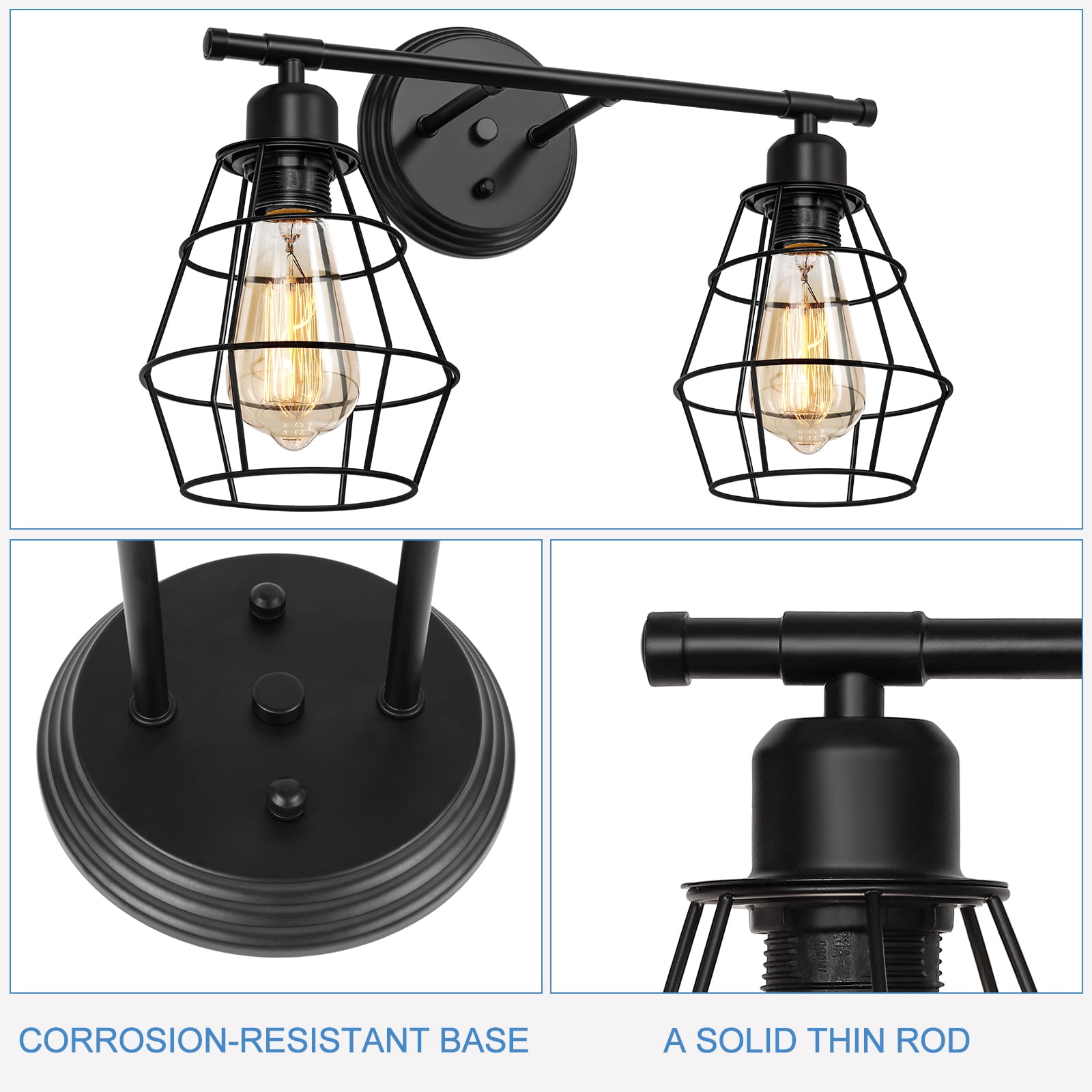 Bathroom Wall Lamp Black 2 Lights for Industrial Vanity Light with Metal Cage Vintage Wall Lamp for Farmhouse Dresser Dresser Dressing Table Mirror Cabinet Set of 2