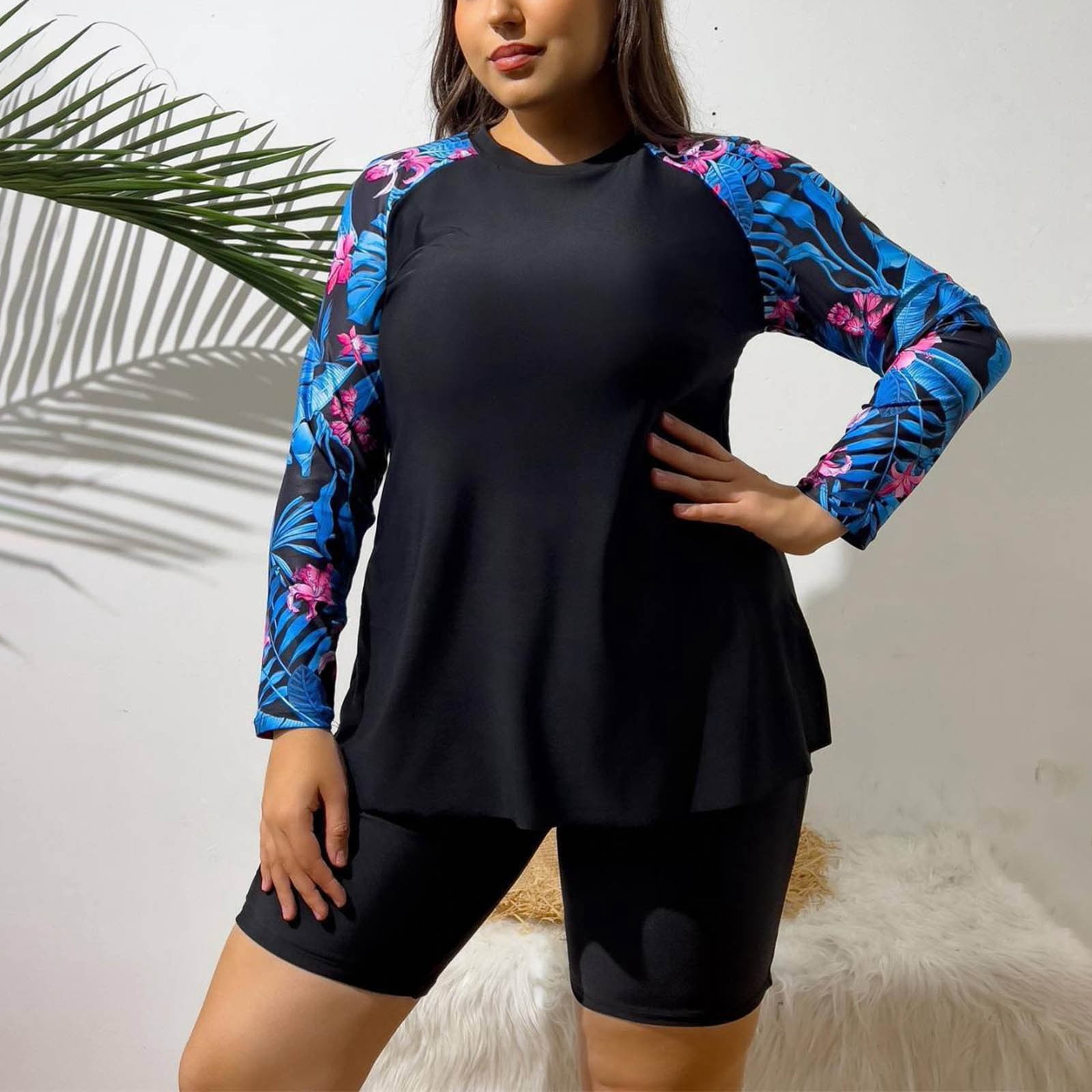 Oplxuo Women's Plus Size Two Piece Long Sleeve Swim Tops Bathing Suits with Shorts Printed Swim Shirts Surf Swimwear
