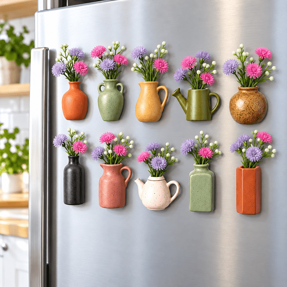 10 Pcs Flower Fridge Magnets Mini Vase Design Decorative Refrigerator Magnets With Artificial Flowers For Kitchen Decor Home Magnetic Surface Decoration colorful